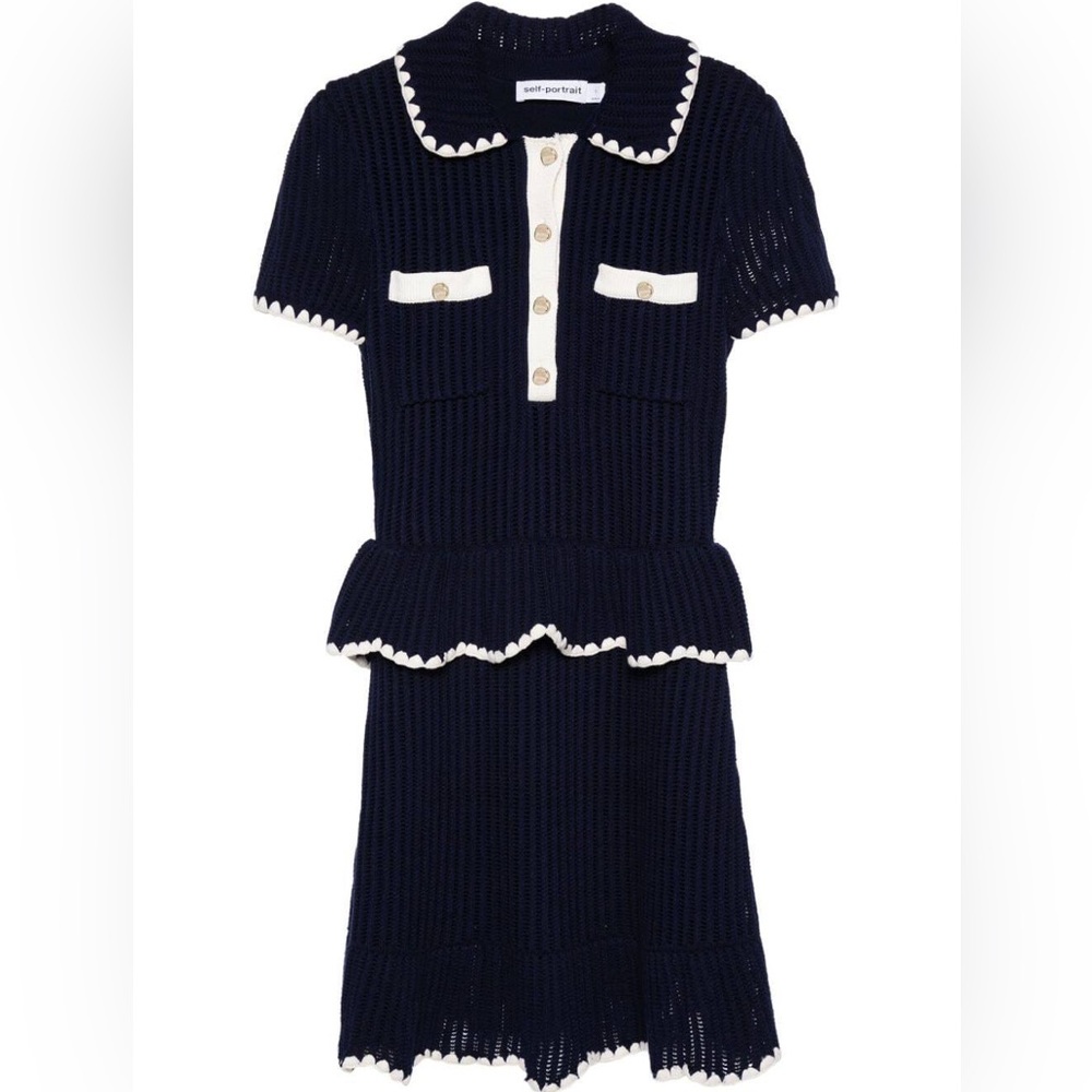 Self Portrait Navy Crochet Flare Mini Dress